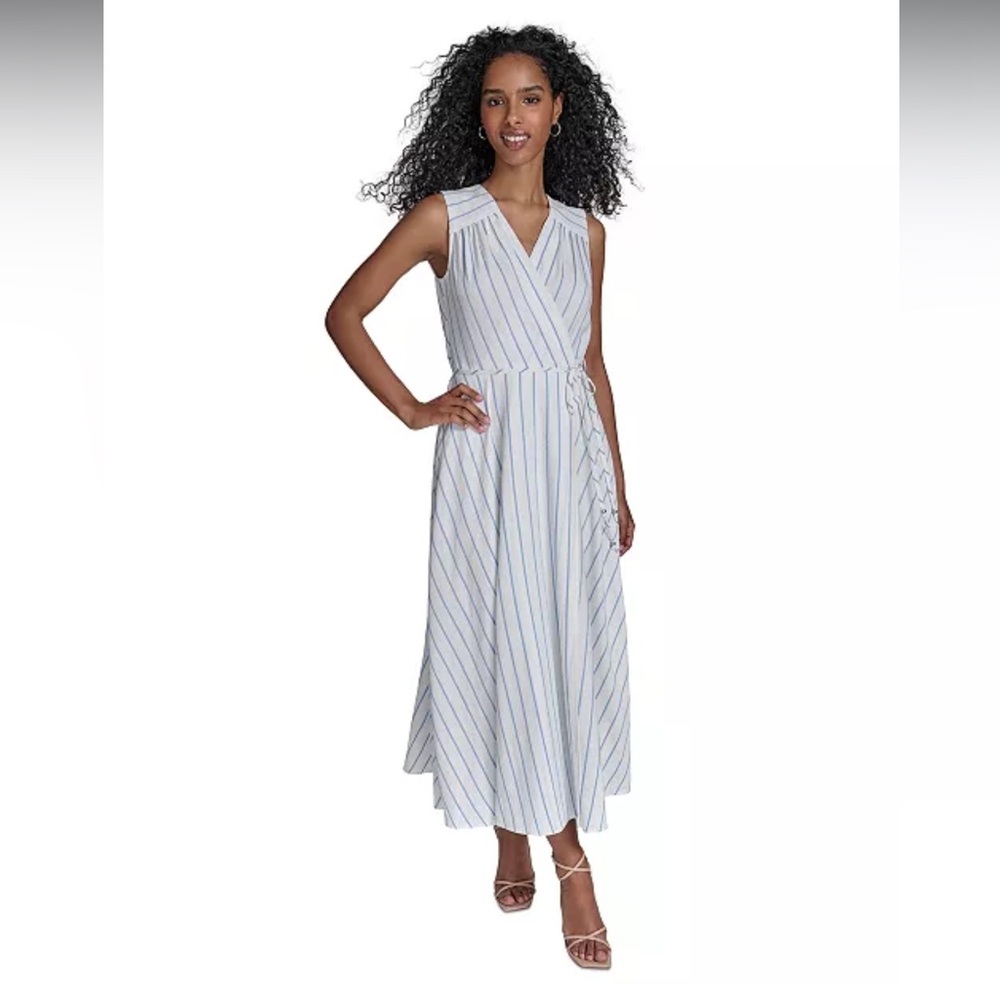 Gray and White Calvin Klein Striped Maxi Dress